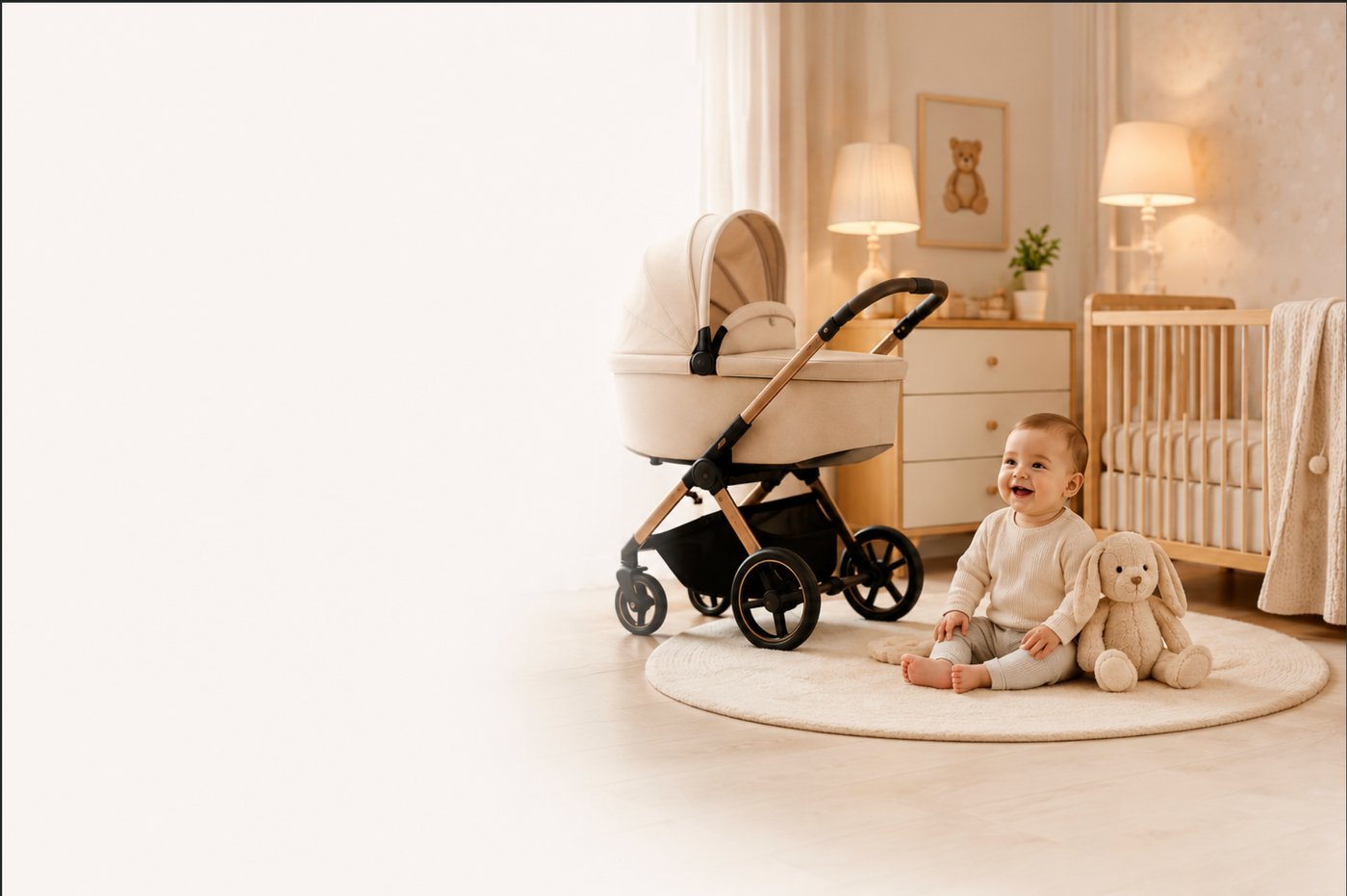 Quarto de bebê com carrinho premium, berço de madeira e bebê sorrindo com pelúcia